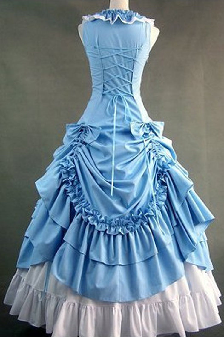 Blue Cotton Square Collar Sleeveless Floor Length Pleats Classic Lolita Dress