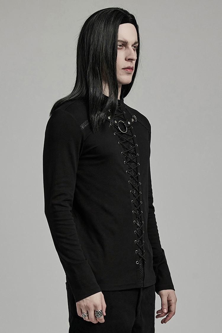 Black Long Sleeves Stitching Lace-up Ripped Punk Blouse