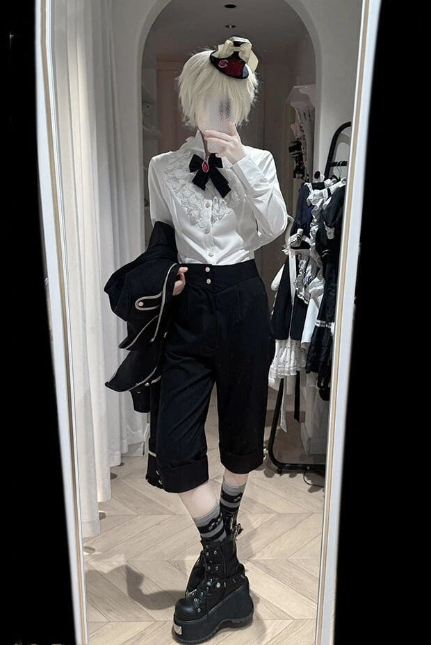 [pre-order Deadline: May 8] White Lace Ruffle High Collar Prince Shirt + Black Tailored Bermuda Shorts