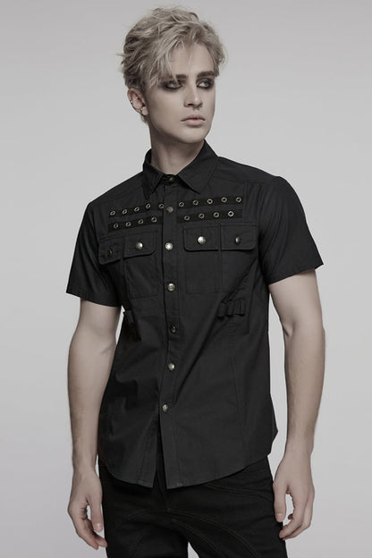 Black Lapel Collar Short Sleeves Pocket Eyelet Punk Blouse