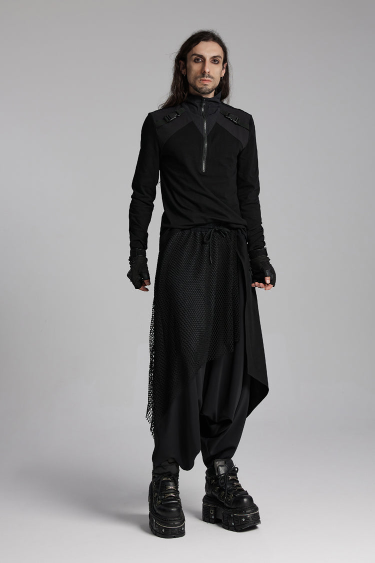 Black Stand Collar Long Sleeves Techwear Bucket-up Zip Punk T-shirt