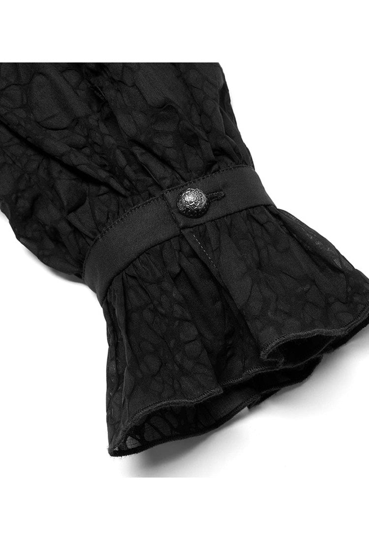 Black Gothic Long Sleeve Mesh Texture Fabric Lace Pleated Ruffle Tie Design Shirt