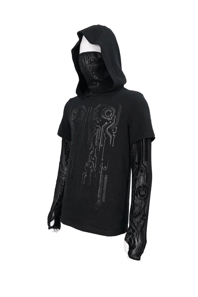 Black Paneled Mesh Long Sleeve Super High Collar Masked Circuit Diagram Printed Hooded Knitted Punk T-shirt