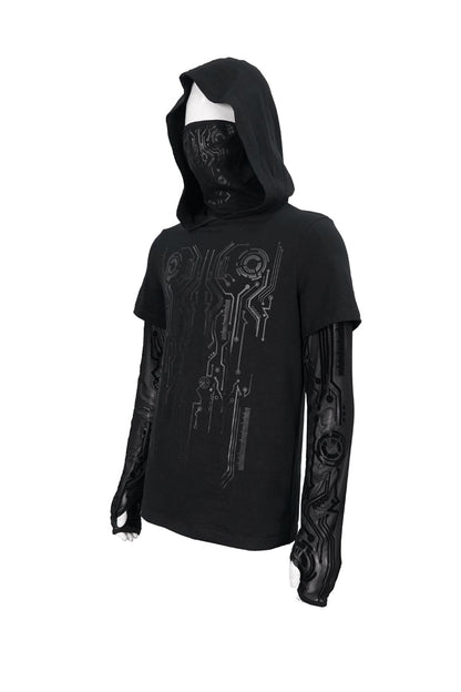 Black Paneled Mesh Long Sleeve Super High Collar Masked Circuit Diagram Printed Hooded Knitted Punk T-shirt