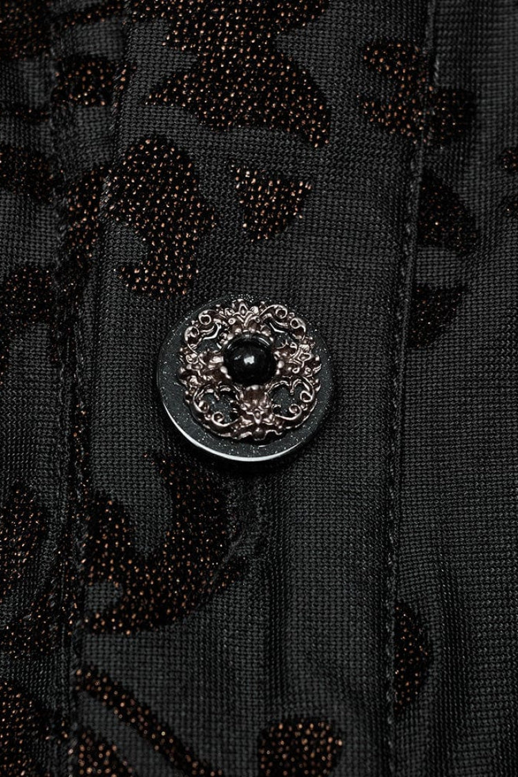 Black Lapel Collar Long Trumpet Sleeves Bronzing Pattern Print Gothic Blouse