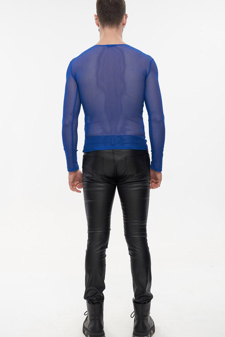 Blue Gothic Elasticity High Neck Long Sleeve Mesh Shirt
