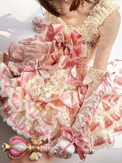 [pre-order Deadline: April 30] Sweet Pink Lolita Lace Ribbon Corset Tiered Jsk Dress
