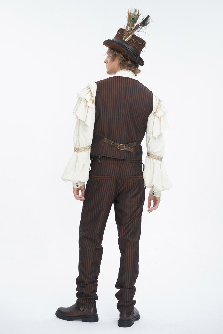 Brown Striped V Collar Stitching Slim Gothic Vest