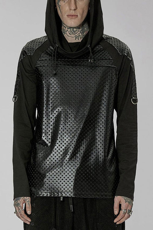Black Punk Turtleneck Stretch Knit Panel Cutout Drawstring Hooded T-shirt