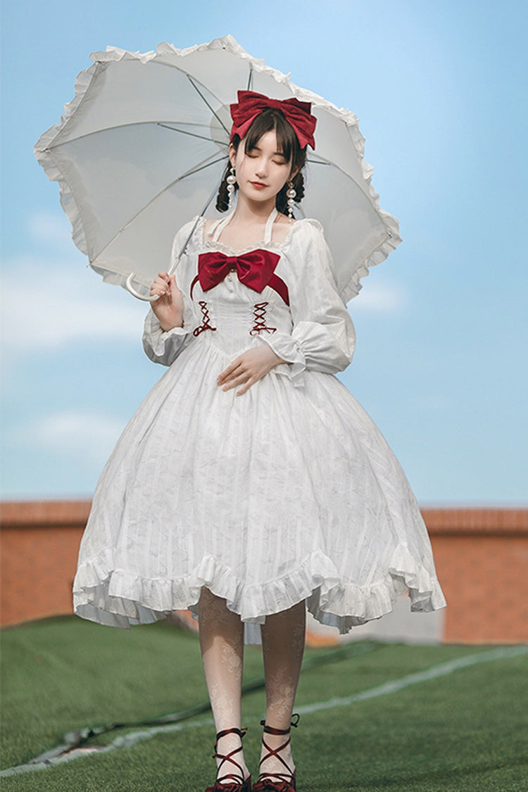 White Roman Covenant Boat Neck Long Sleeves Ruffle Classic Lolita Dress