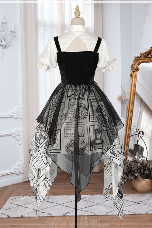 Black Fake Two Pieces Printed Irregular Hem Classic Lolita Dress