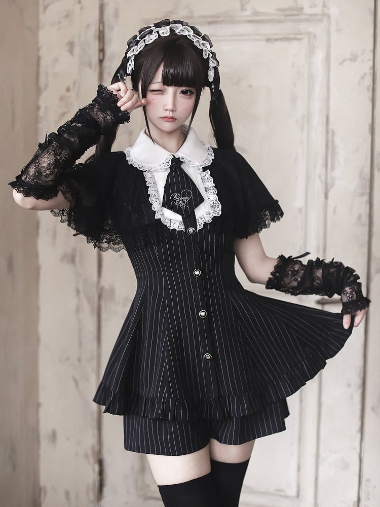 [reservation Deadline: May 15] Black Pinstripe Lace Cape Design Thai Collar Dress Suit Full Set + Accessories