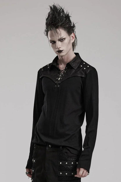 Black Lapel Collar Long Sleeves Stitching Steampunk T-shirt