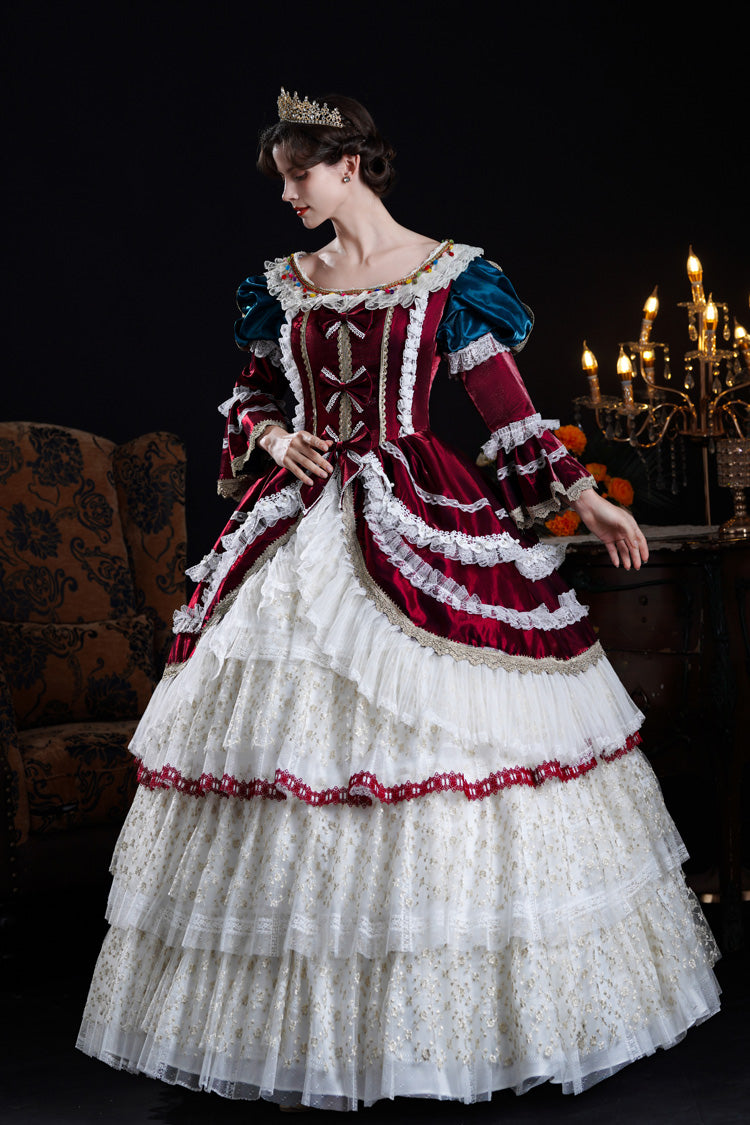 Wine/ivory Round Collar Long Hime Sleeves Triple-layered Ruffled Open-front Bow Lace Classic Palace Lolita Victorian Dress