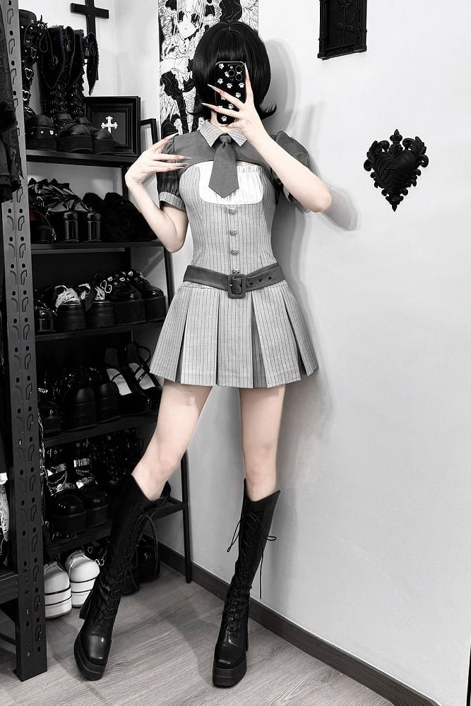 [pre-order Deadline: April 15] Gray Pinstripe Tie Collar Short Jacket Dress Full Set + Jewel Casquette