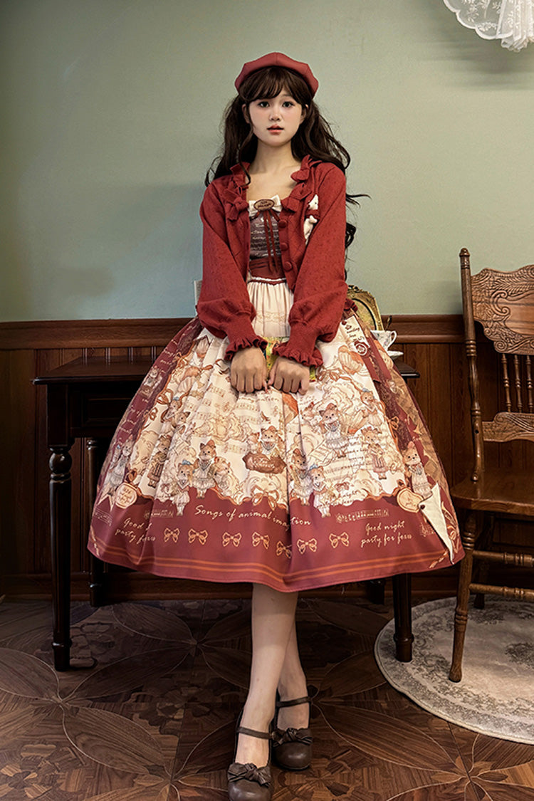 Wine Red [fox Band] Print Square Collar Bowknot Classic Lolita Jumper Dress