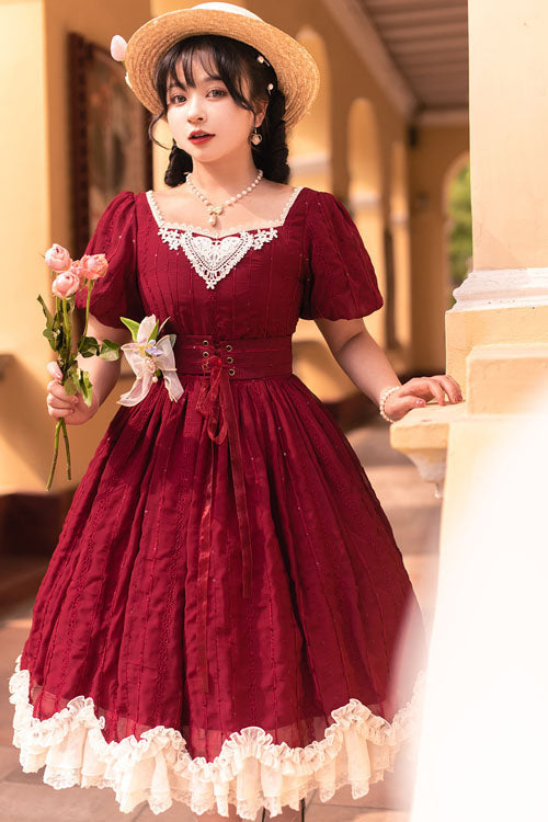 Wine Square Collar Short Sleeves Multi-layer Ruffled Classic Lolita Op Dress