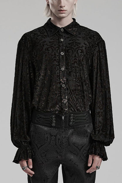 Black Lapel Collar Long Trumpet Sleeves Bronzing Pattern Print Gothic Blouse