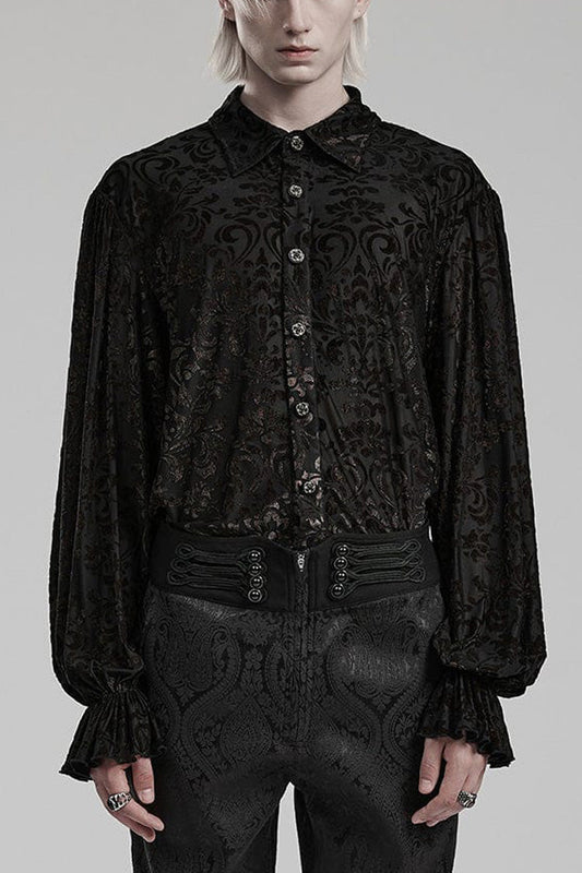 Black Lapel Collar Long Trumpet Sleeves Bronzing Pattern Print Gothic Blouse