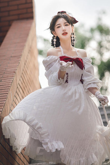 White Roman Covenant Boat Neck Long Sleeves Ruffle Classic Lolita Dress