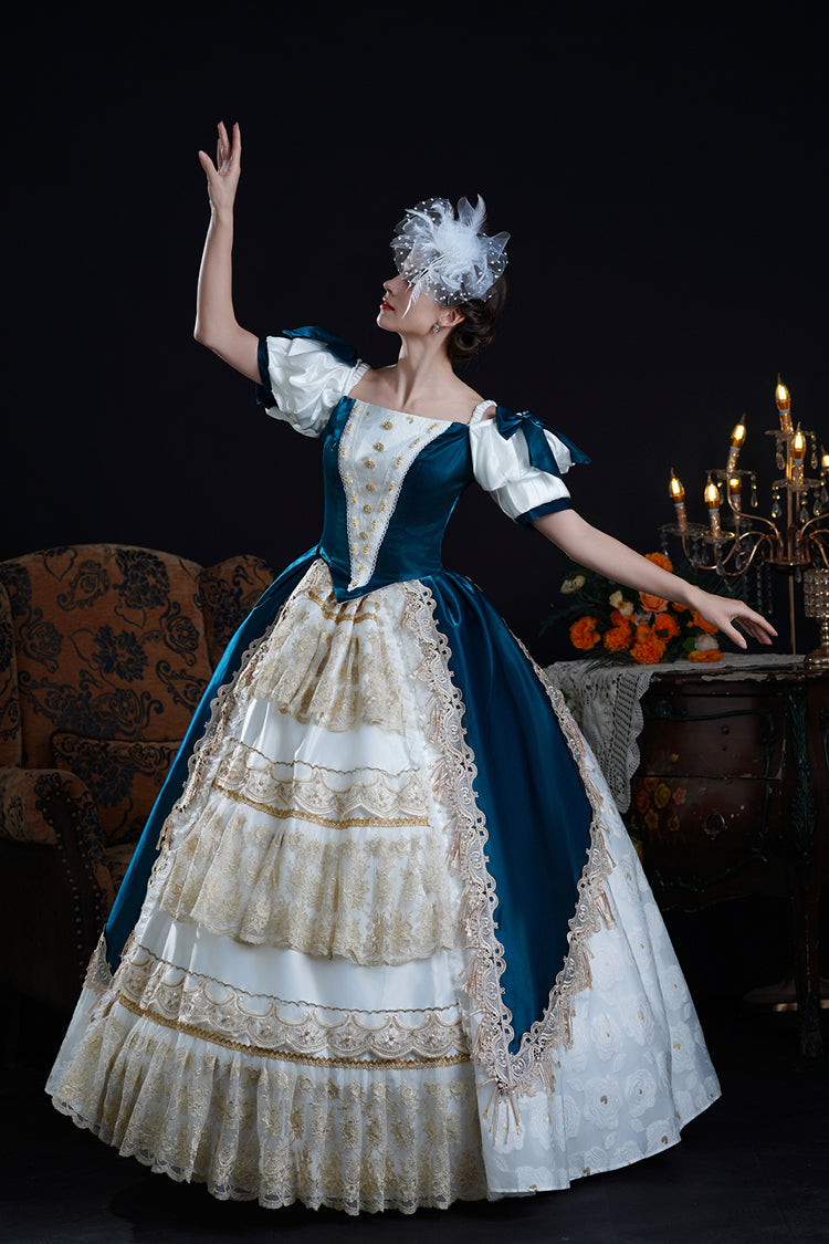 Blue/apricot Off Shoulder Short Sleeves Ruffle Cardigan Bowknot Lace Classic Princess Palace Lolita Victorian Dress