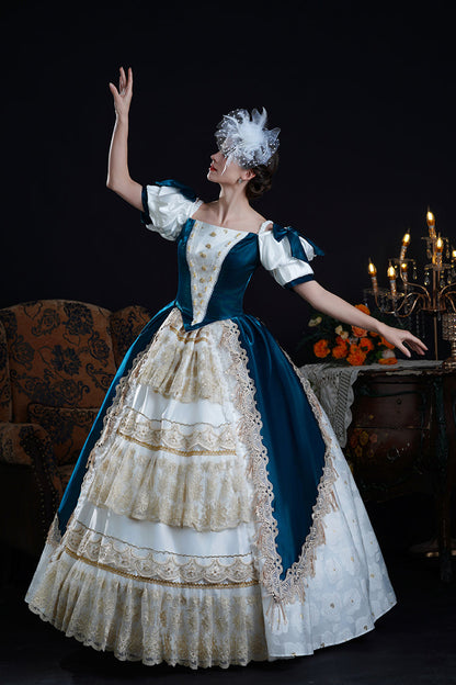 Blue/apricot Off Shoulder Short Sleeves Ruffle Cardigan Bowknot Lace Classic Princess Palace Lolita Victorian Dress