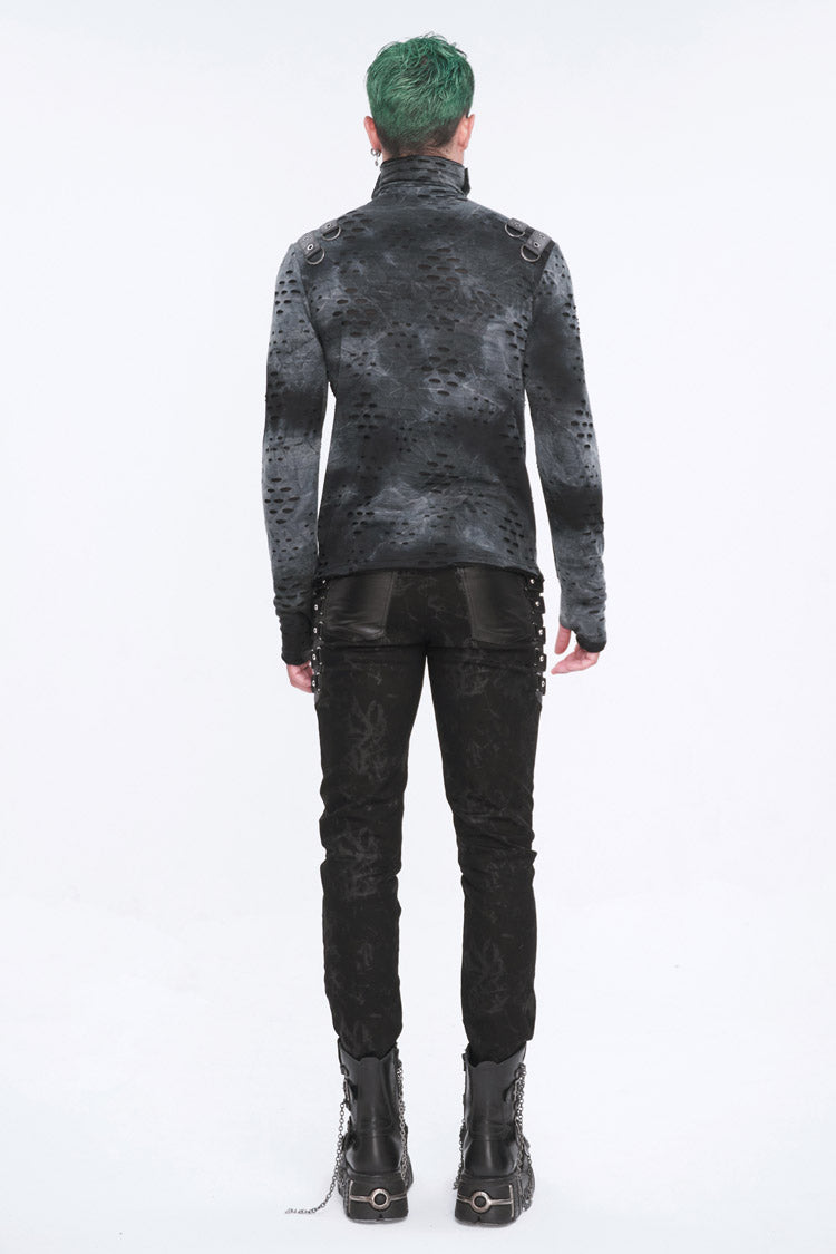 Grey/black Lrregular Ripped Stand Collar Punk Shirt