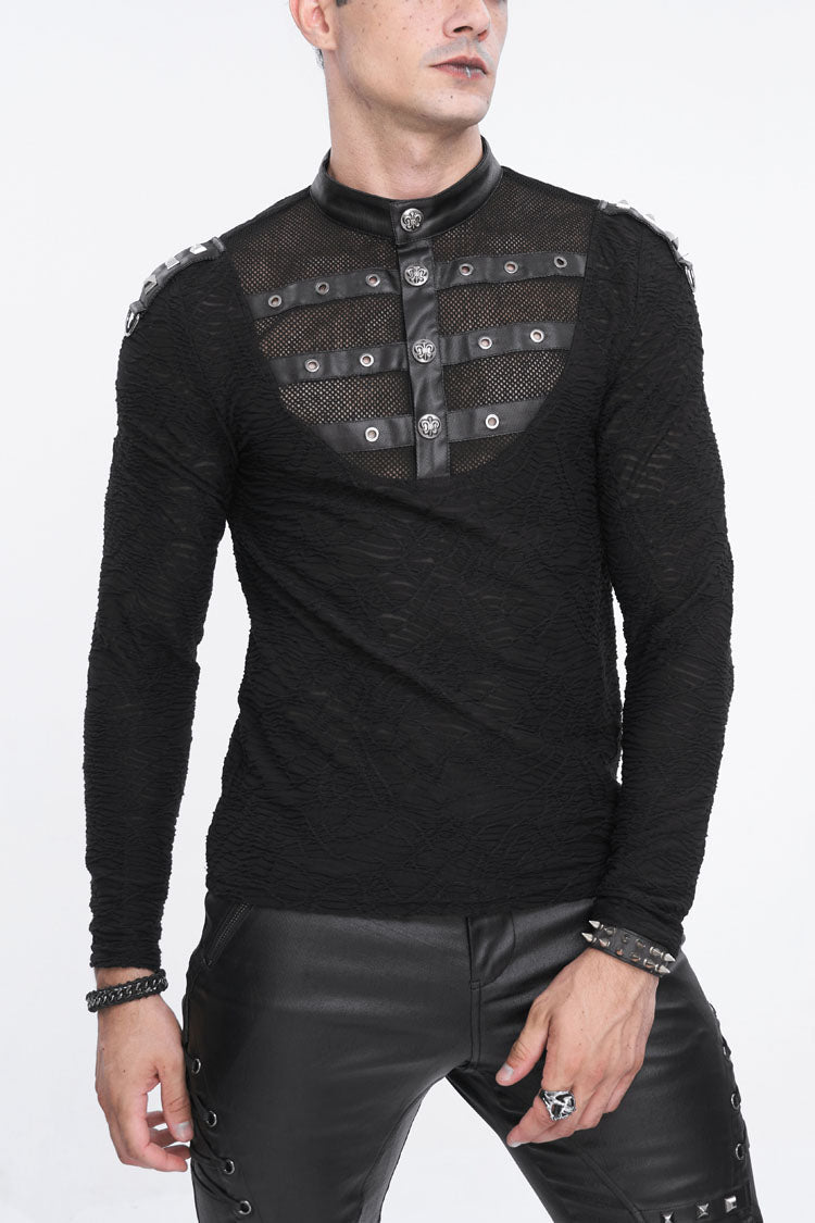Black Stand Collar Mesh Splice Punk Shirt