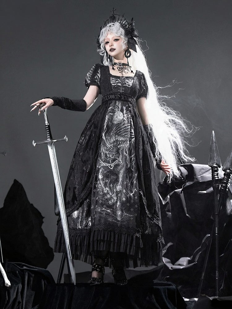 [pre-order Deadline: June 8] Phantom Knight Dark Gothic Square Neck Layered Dress (with Choker & Waist Belt)
