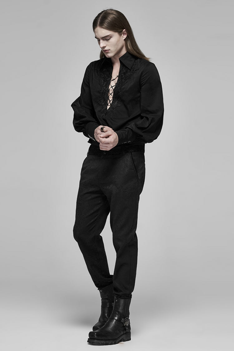 Black V Collar Long Puff Sleeves Hollow Lace-up Gothic Blouse