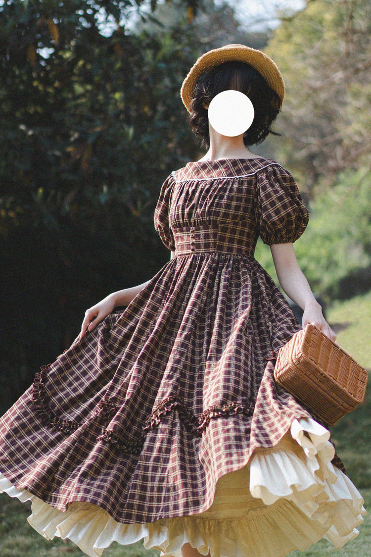 Dark Red [forest Picnic] Boat Neck Short Sleeves Printed Lift-hem Ruffled Classic Lolita Dress