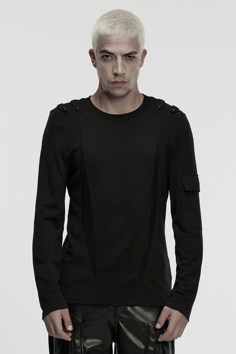 Black Round Collar Long Sleeves Cut-out Spliced Mesh Punk T-shirt