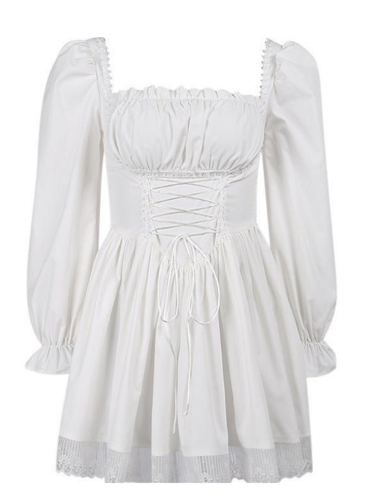 Lace-up Candy Sleeve White Dress + Belt Buckle With Front Button Leather a Line Overall Skirt