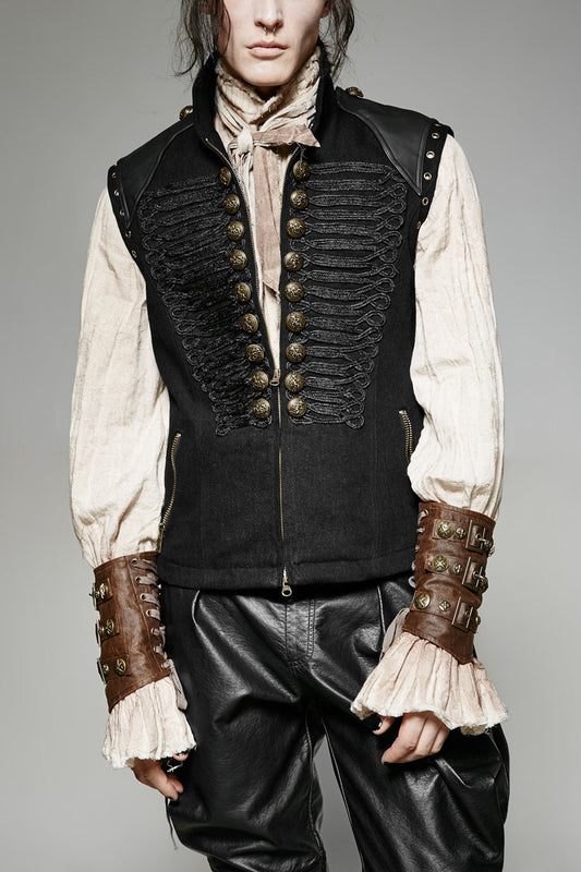 Black Sleeveless Double Breasted Retro Metal Button Decoration Steampunk Vest