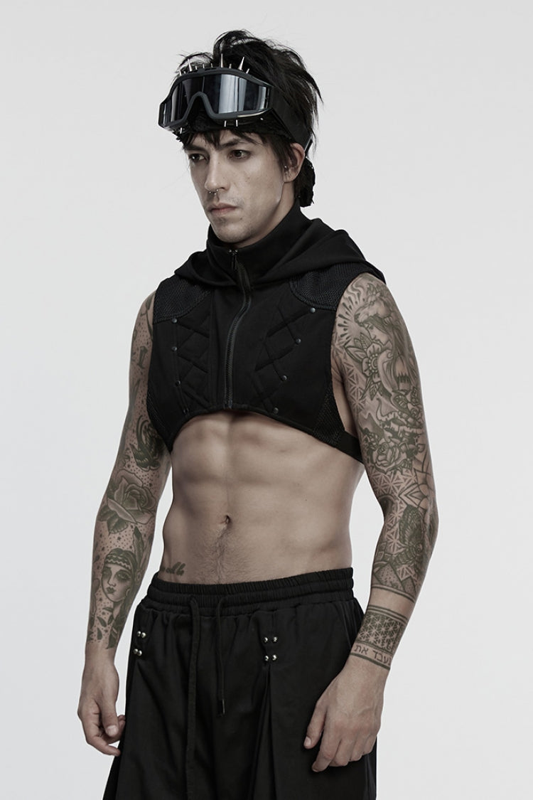Black Stand Collar Sleeveless Hooded Zippered Punk Vest