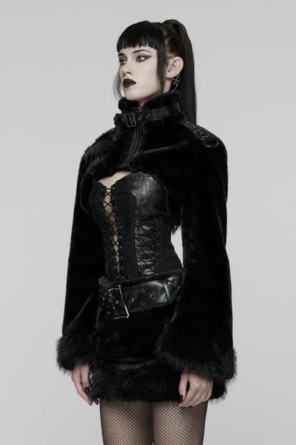 Black Stand Collar Long Sleeves Buckle Straps Faux Fur Punk Short Cloak