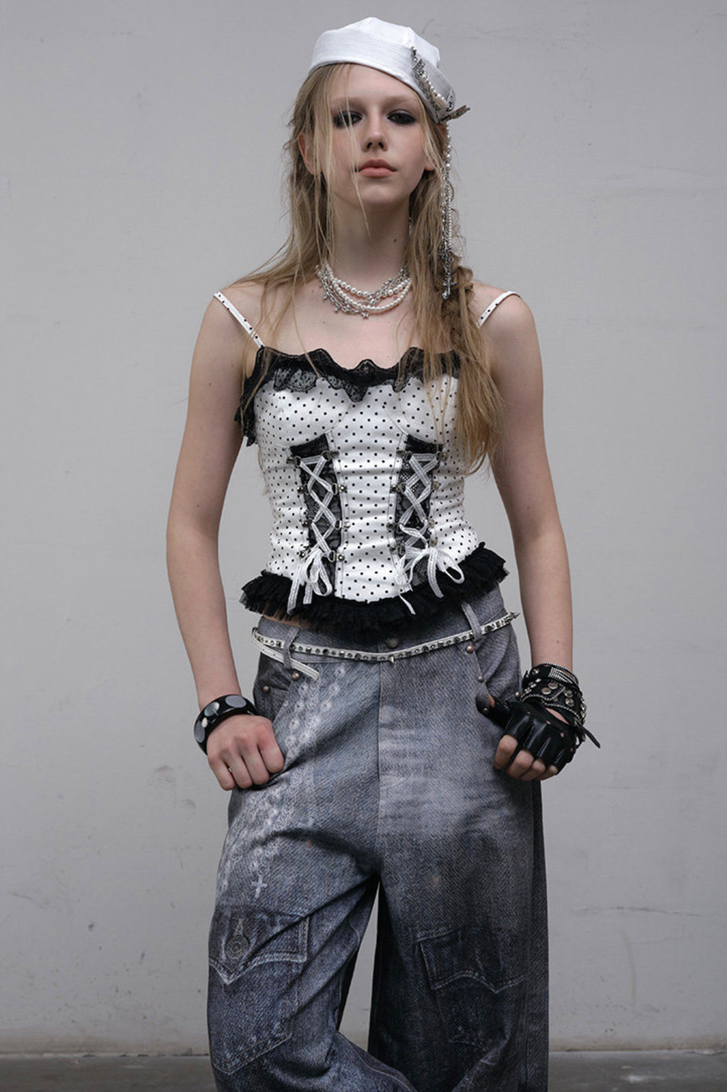 Dark Punk Polka Dot Lace Up Camisole