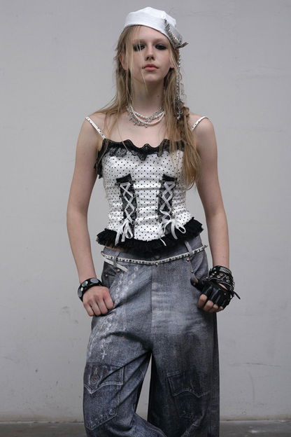 Dark Punk Polka Dot Lace Up Camisole