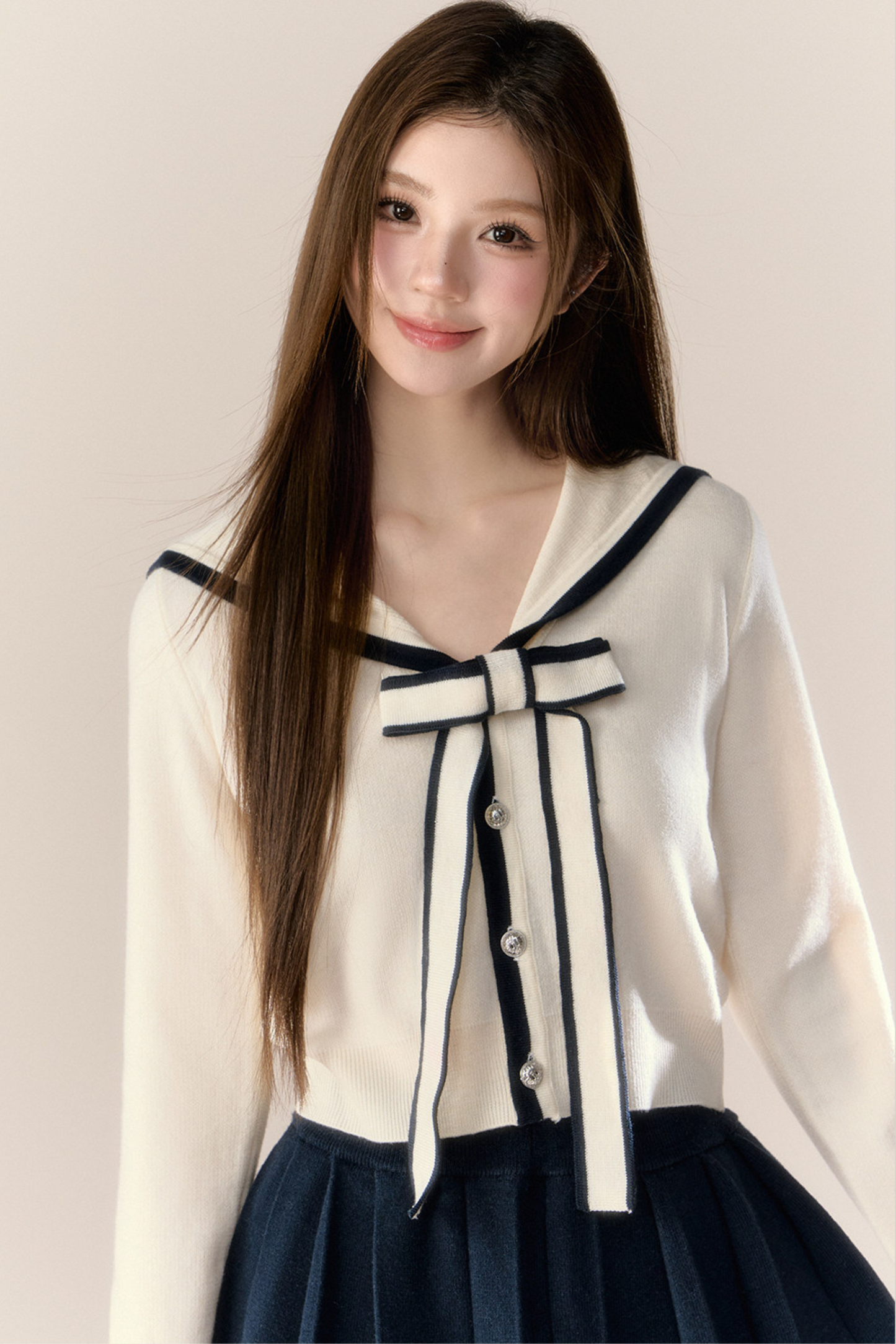 Sailor Ribbon Cardigan + Pleated Skirt