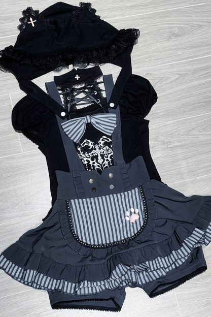Cat Puff Sleeve Top + Suspender Skirt + Pants + Hat