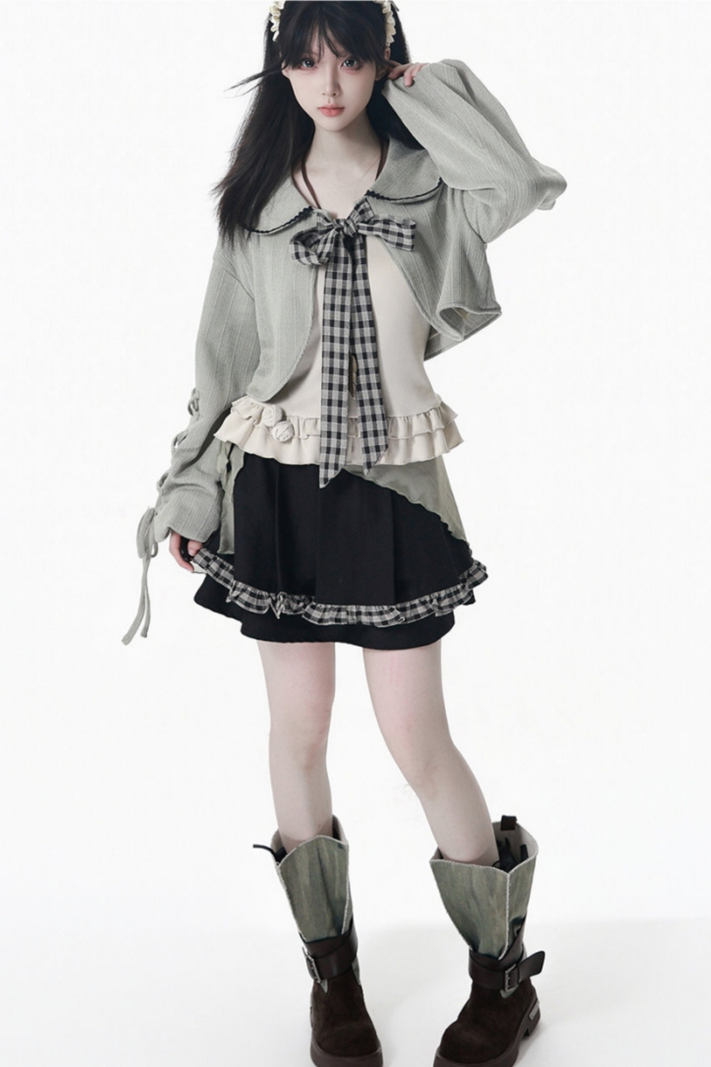 Plaid Ribbon Camisole Two Piece Jacket + Cape Coat + Skirt