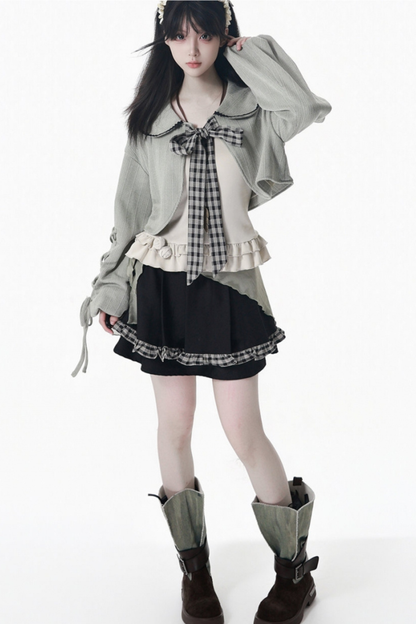 Plaid Ribbon Camisole Two Piece Jacket + Cape Coat + Skirt