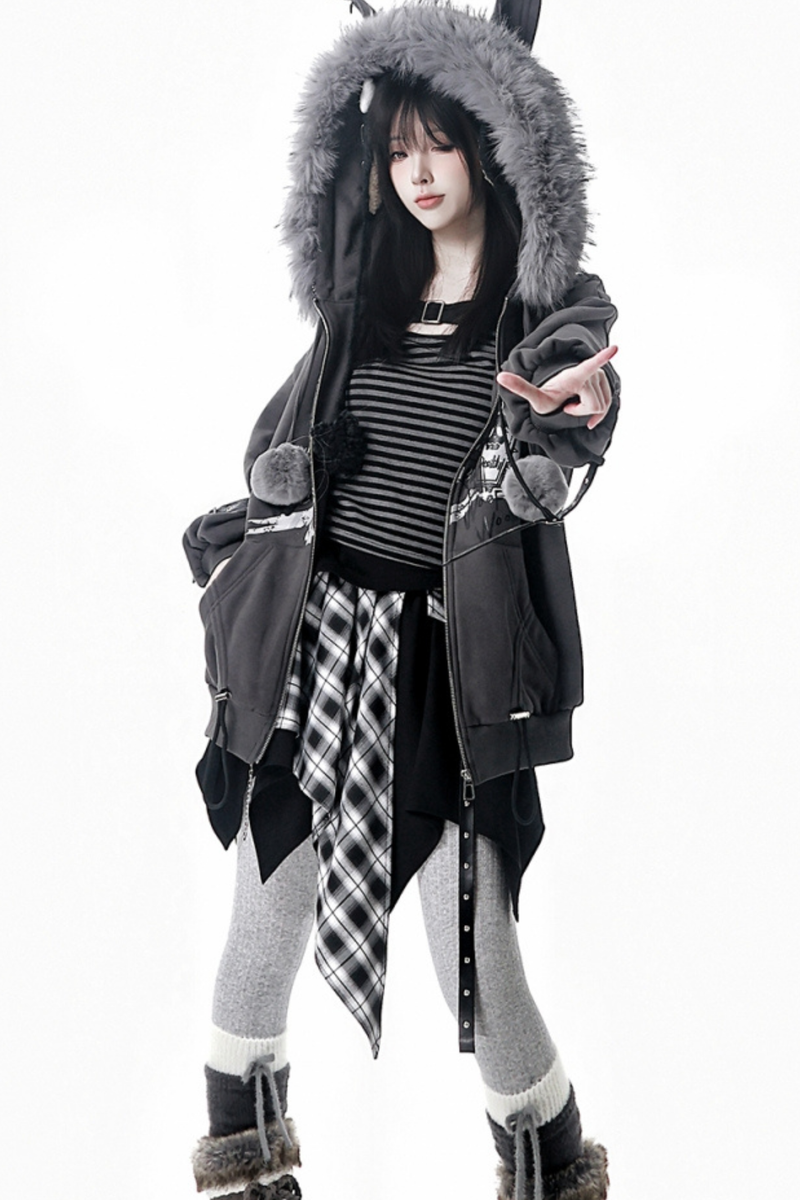 Fur Ball Fur Hooded Jacket + Top + Skirt