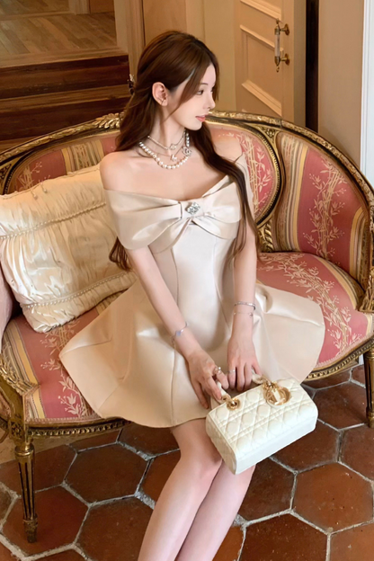 Off Shoulder Ribbon Short Flare Dress + Long Flare Dress