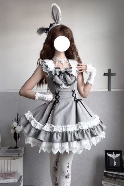 Sweet Lolita Stripe Jumper Skirt + Rabbit Hat