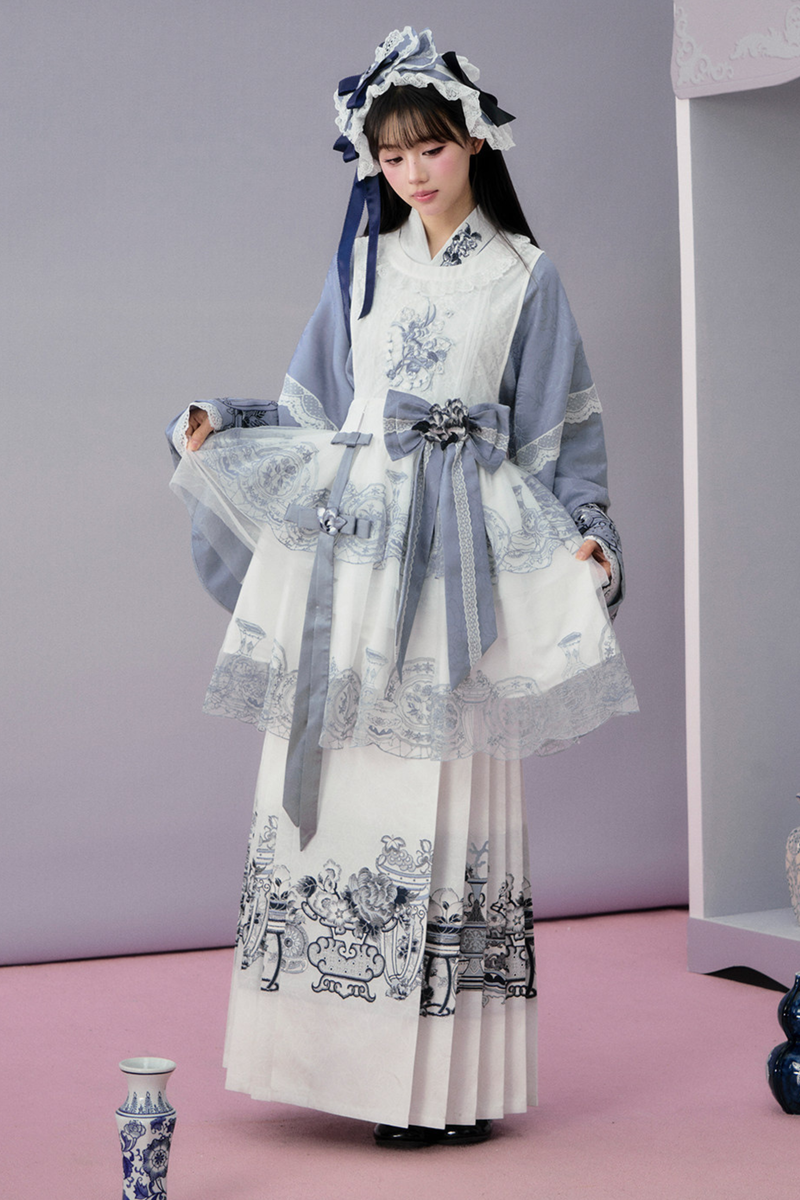 Chinese-style Jacket + Skirt + Overskirt + Ribbon + Brooch + Headband
