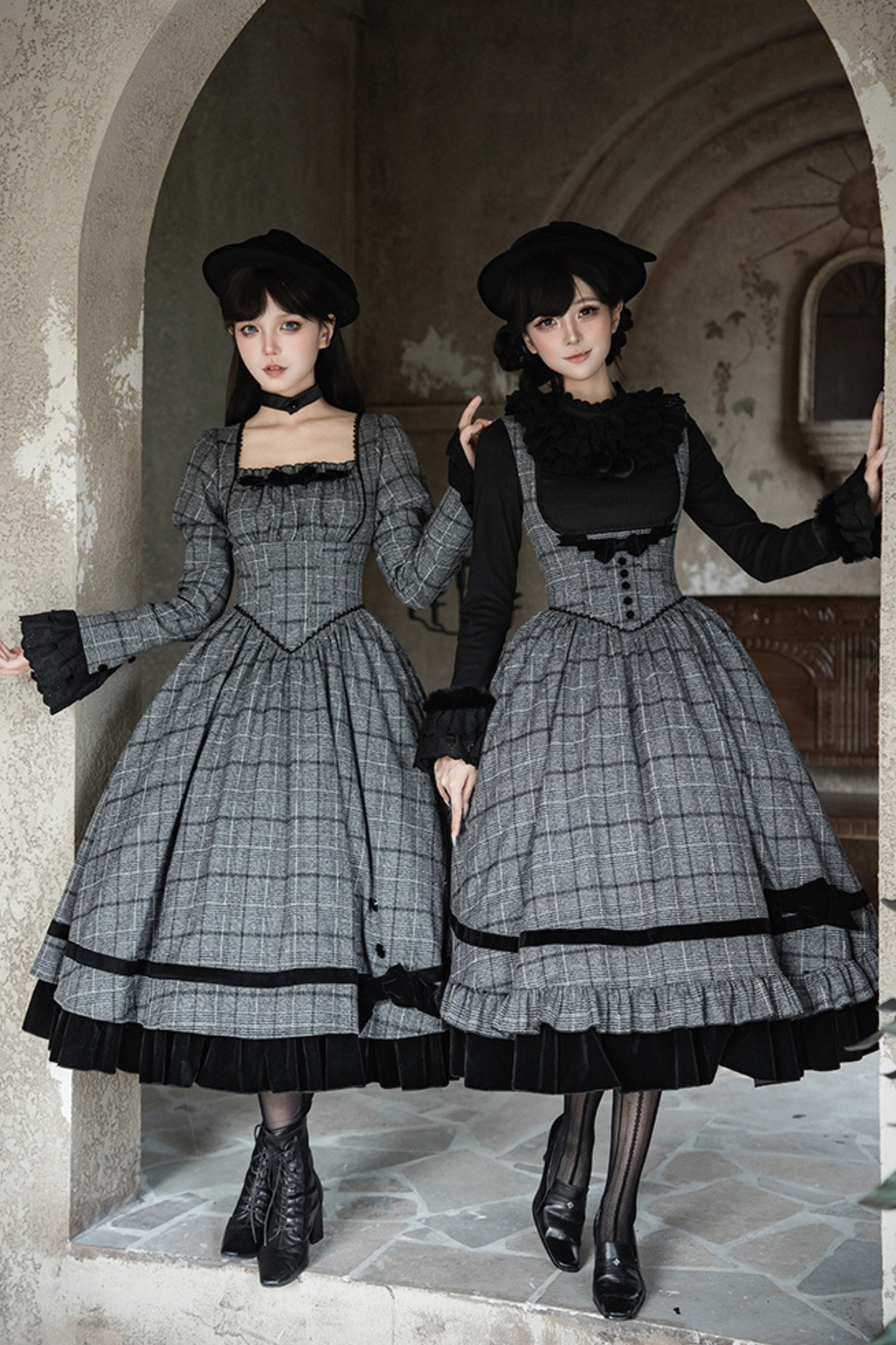 Plaid Fishbone Chest Jsk + Dress + Innerwear + Ribbon + Hat
