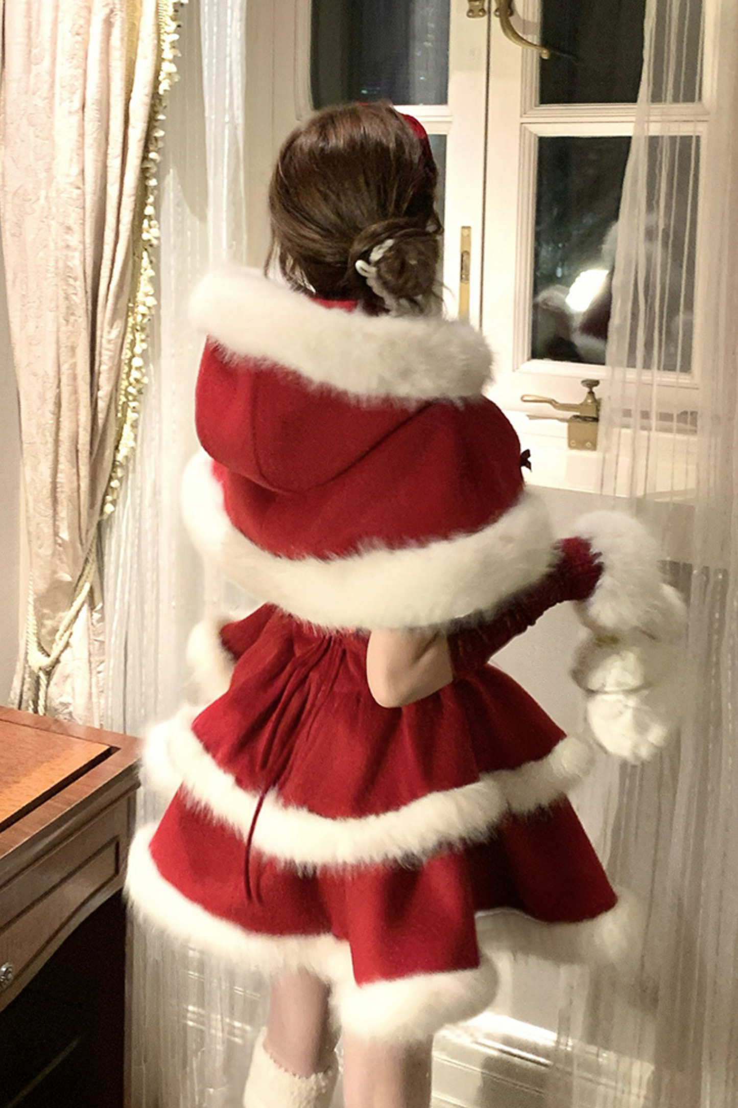 Red Velvet Cake Fur Coat + Suspender Skirt + Sleeves