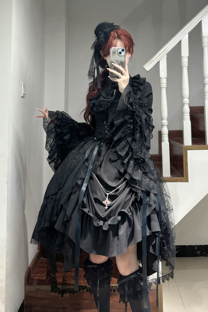Gothic Super Jisleeve Lolita Shirt + Ruffle Skirt + Hat