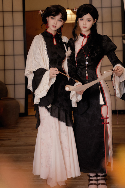 Retro Chinese-style Dress + Sleeves + Shawl + Accessories + Hairpin